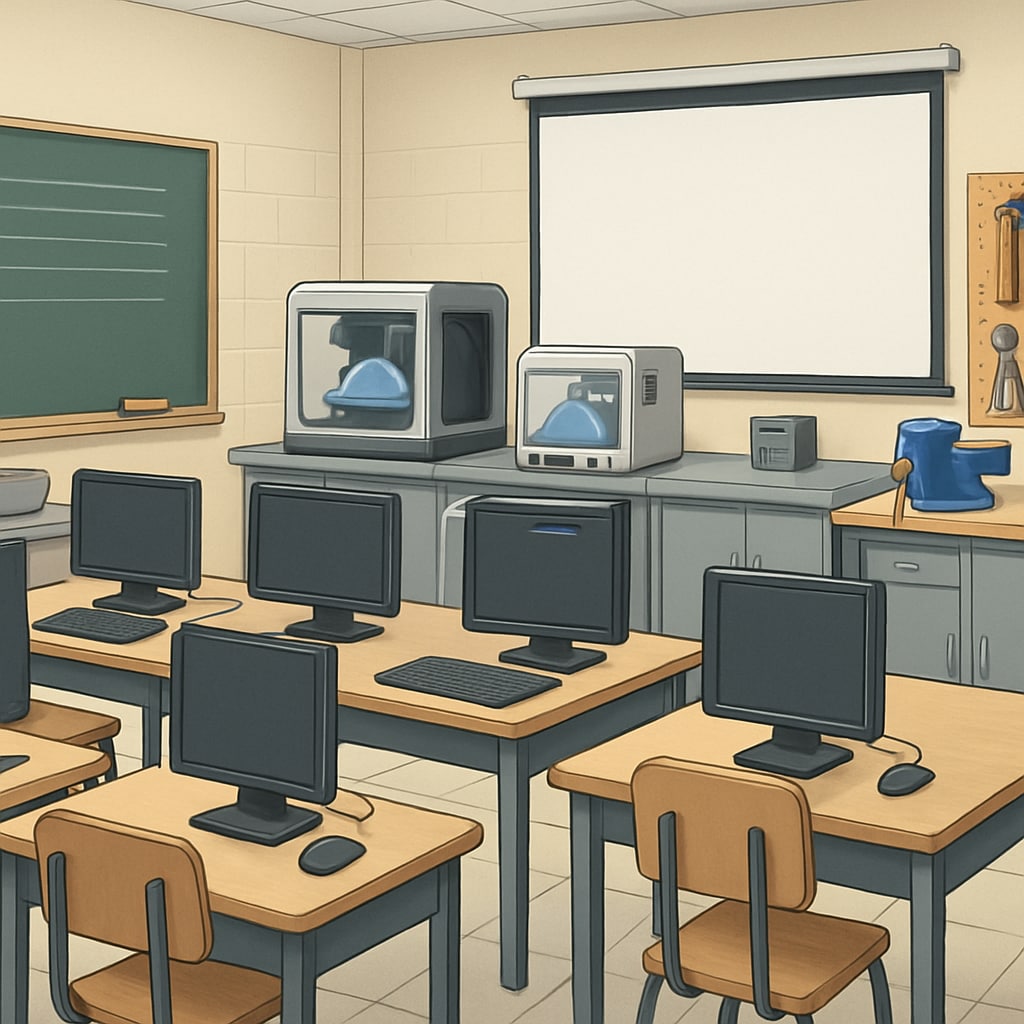 Modern classroom with computers and machinery for integrated academic and technical learning.