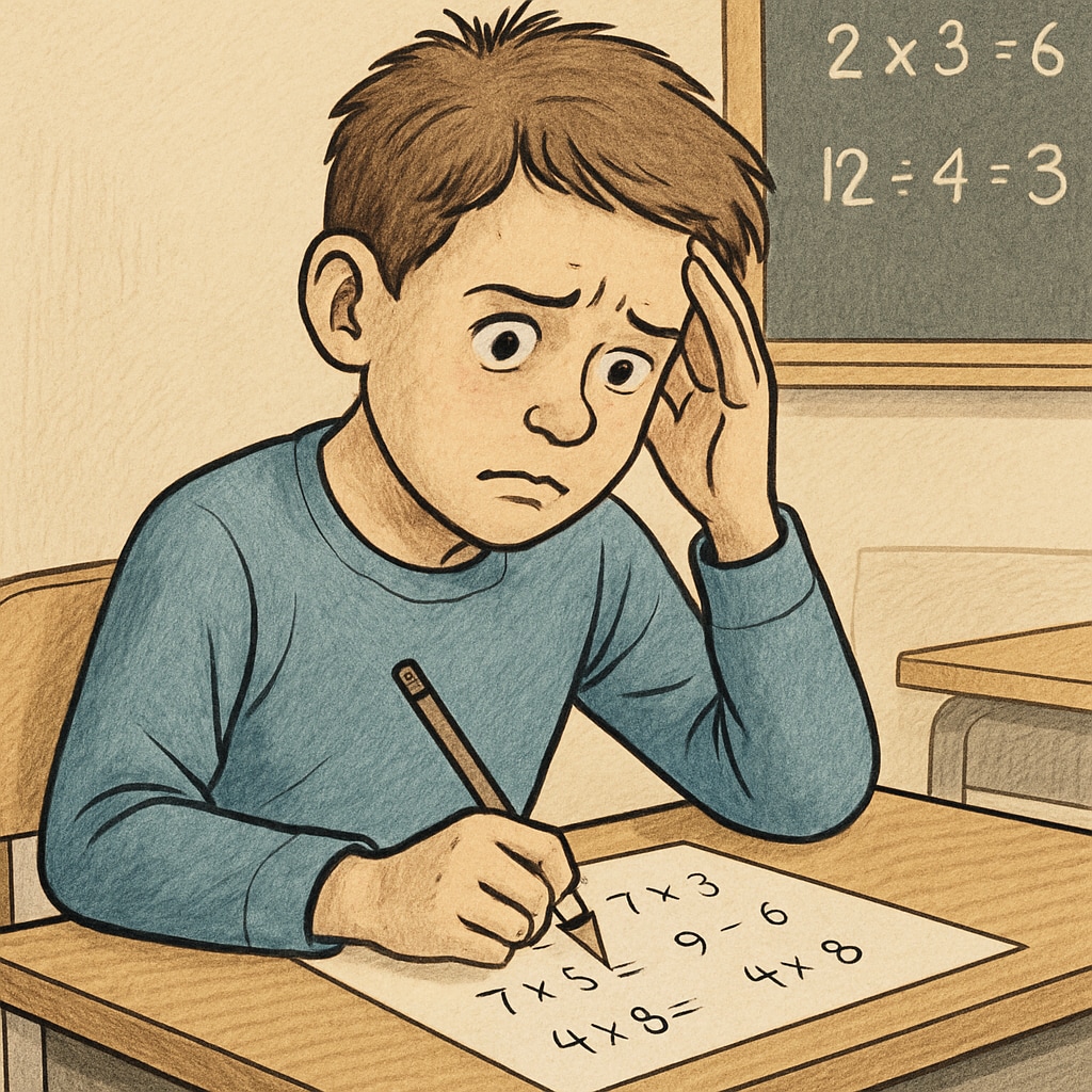 A K12 student sitting at a desk, looking anxious while solving math problems, representing math exam stress. A student experiencing math anxiety during an exam, focusing on multiple-choice questions.