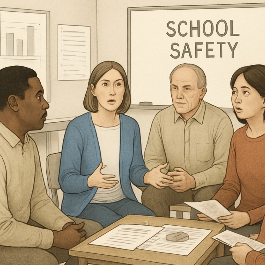 Concerned parents and community members discussing school board ethics and safety.