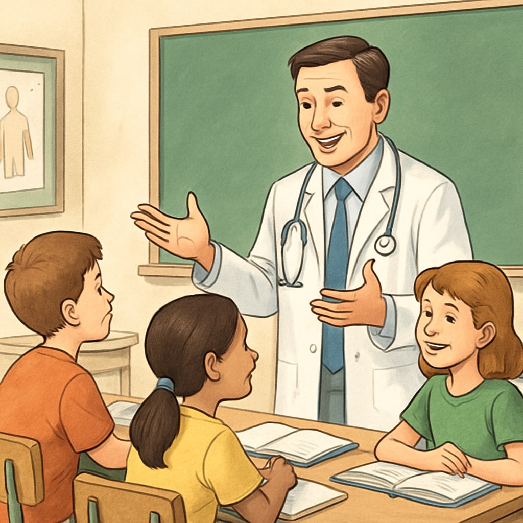 A doctor mentoring K12 students about medical professions in a classroom.