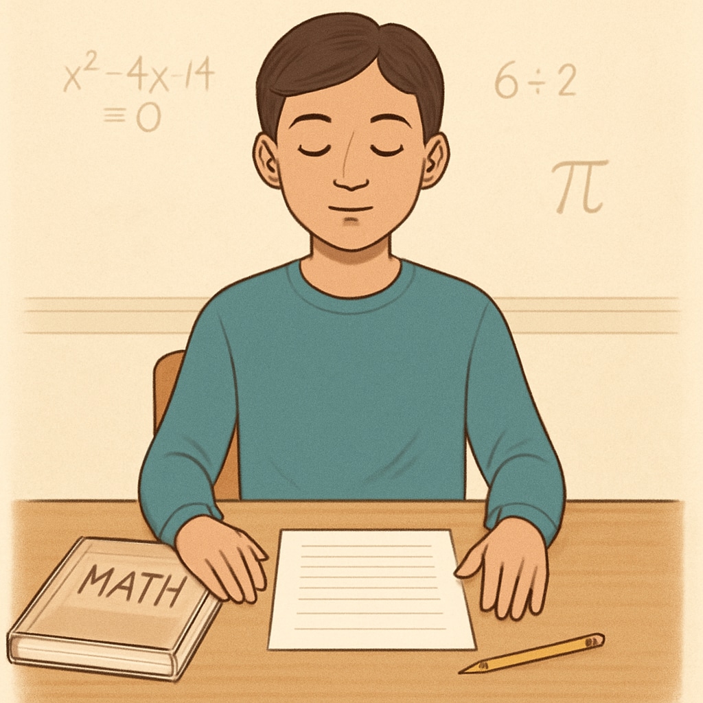 An image of a student practicing mindfulness or meditation before a math test, symbolizing stress management strategies. A student managing exam stress through mindfulness techniques to improve math performance.
