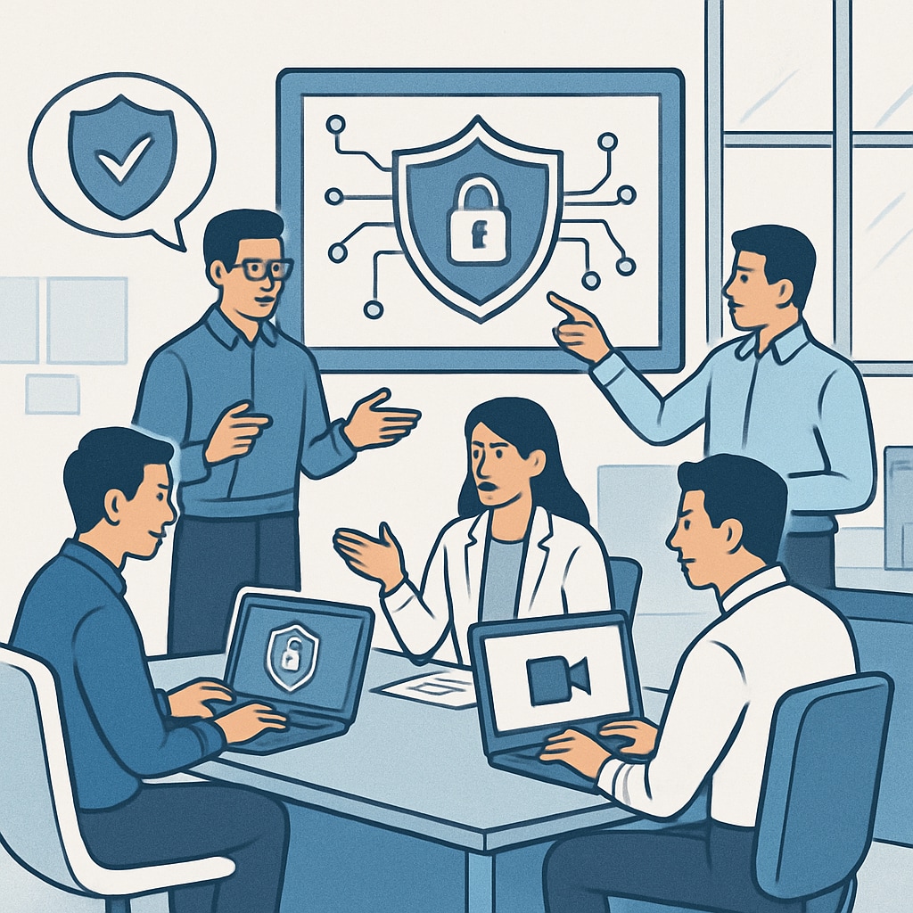 Cybersecurity professionals discussing network security strategies.