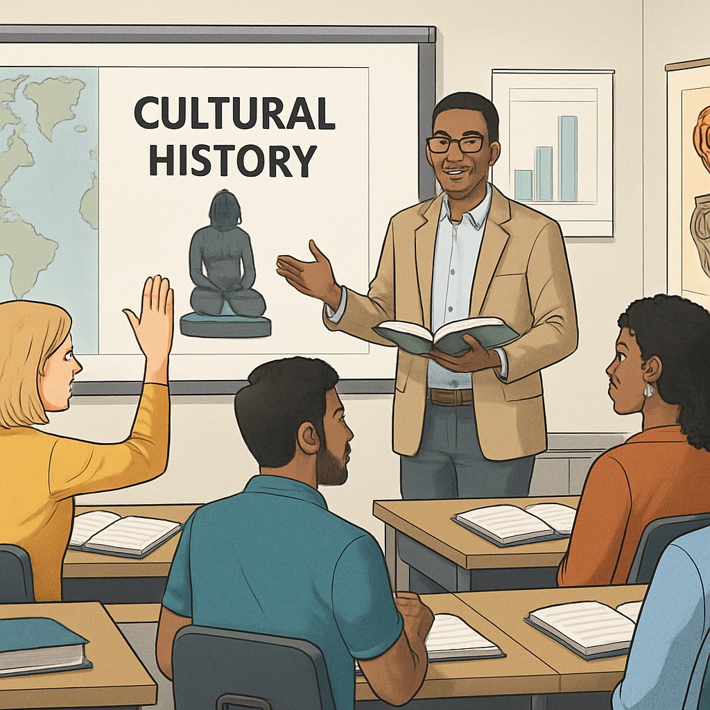 A group of diverse adult students engaging in a cultural history class in a modern classroom setting. Adult education and cultural adaptation class focusing on foundational knowledge.
