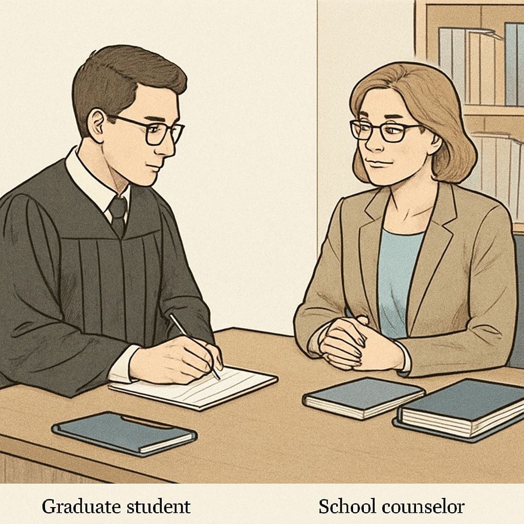 Graduate student interviewing school counselor in a professional setting
