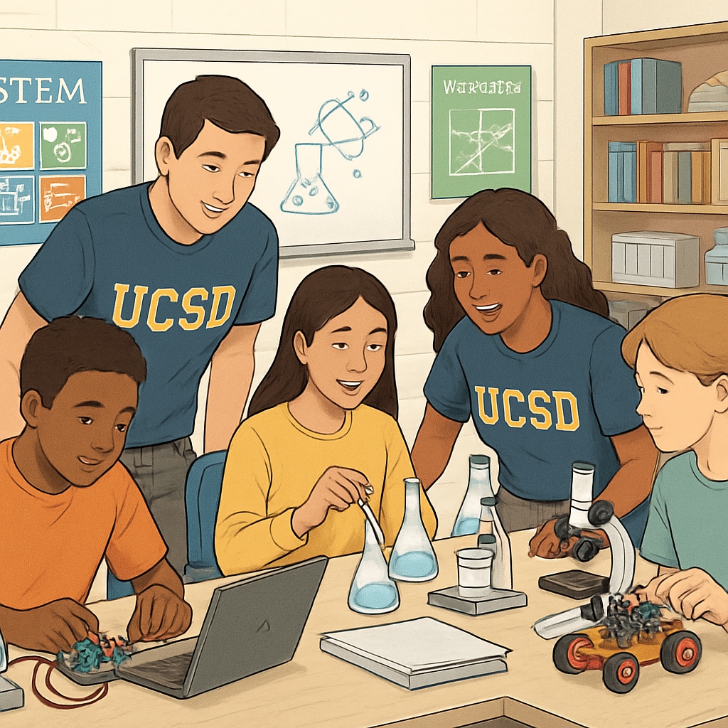 A classroom of diverse high school students participating in a STEM workshop, guided by UCSD student mentors. High school students in a STEM workshop supported by UC San Diego’s outreach programs.