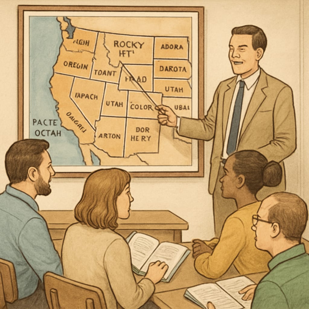 An instructor using an interactive map to teach Western geography to adult learners in a collaborative classroom. Geography lesson for adult learners to enhance cultural adaptation.