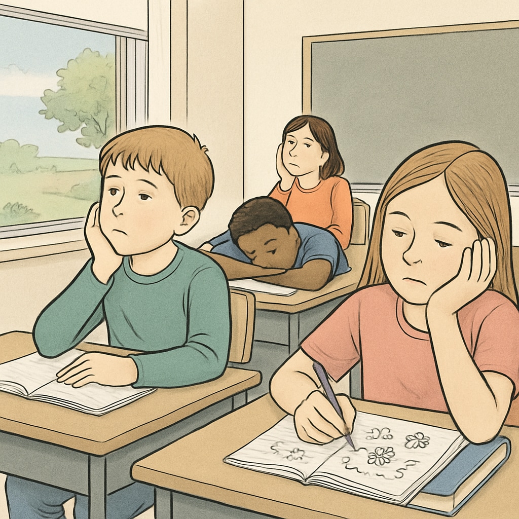 Students looking bored in a classroom environment, reflecting classroom boredom in education globally.