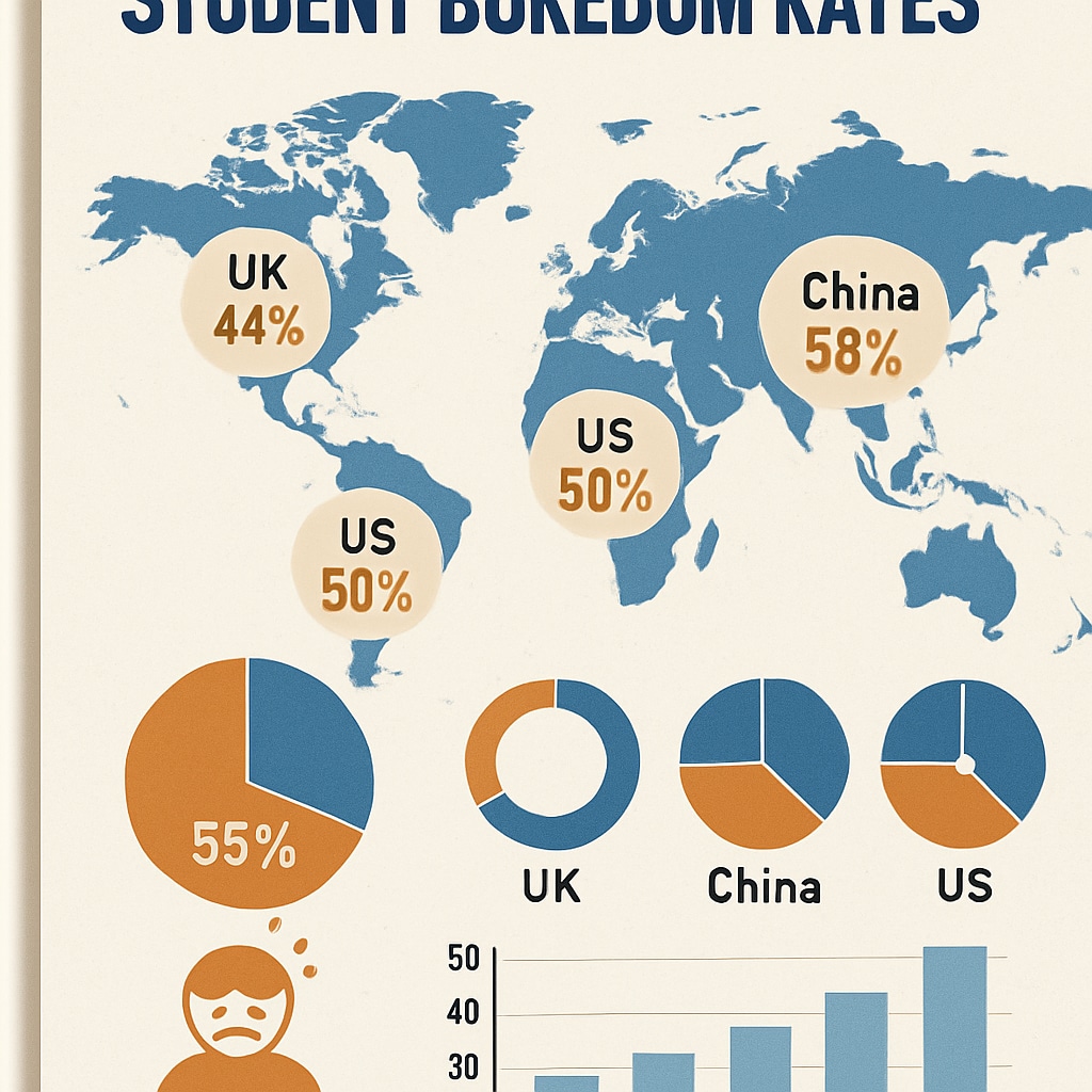 Global statistics on student boredom rates, emphasizing international comparisons in education.