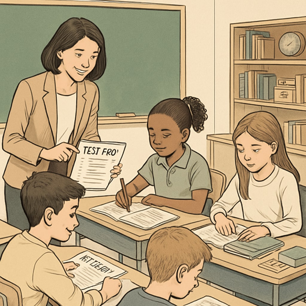 A teacher helping K12 students with test preparation resources in a classroom setting. Teacher assisting students with test preparation tools.