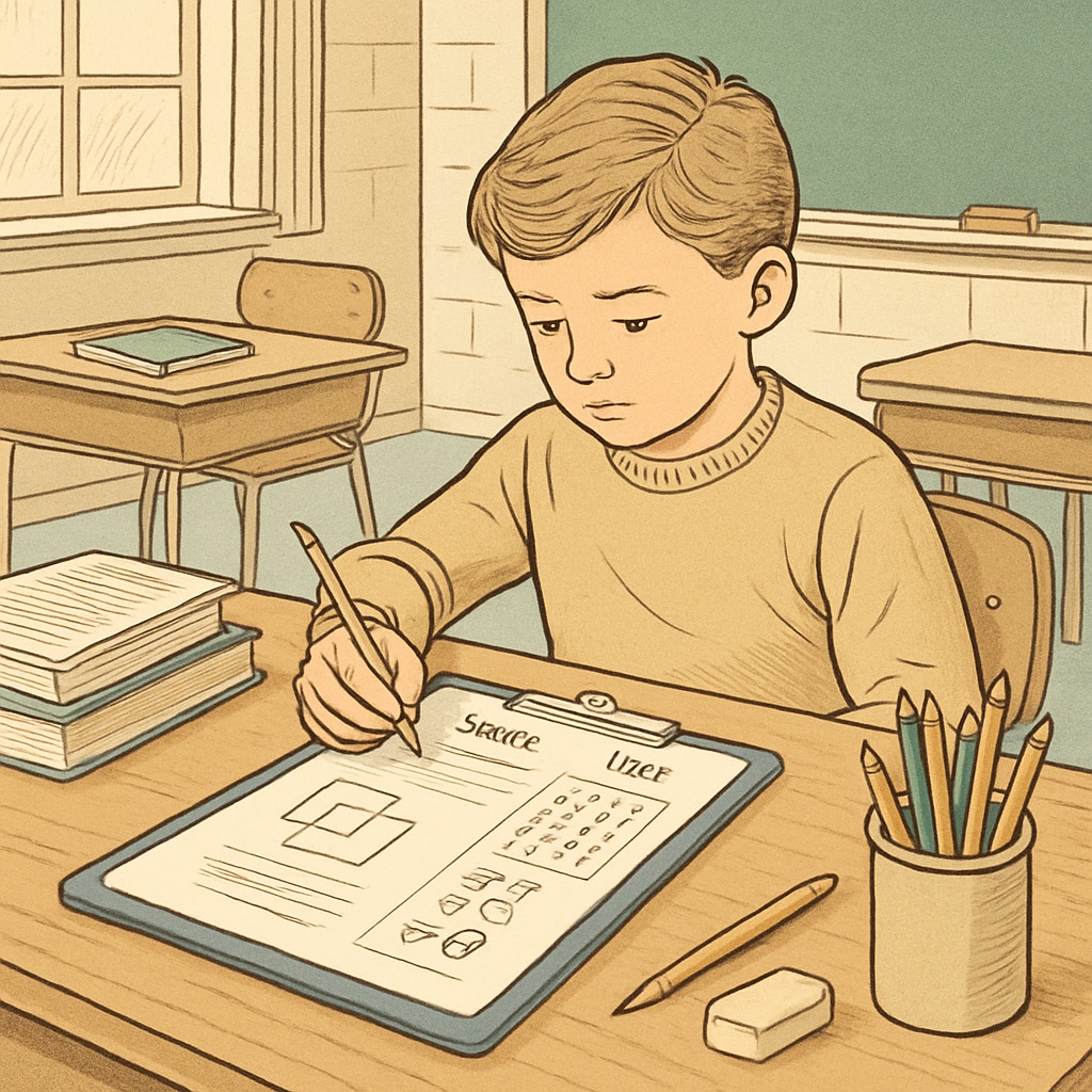 A child taking an intelligence test in a school setting, focusing on structured evaluation tools like CogAT and WISC. Child taking an intelligence test, CogAT and WISC assessment tools