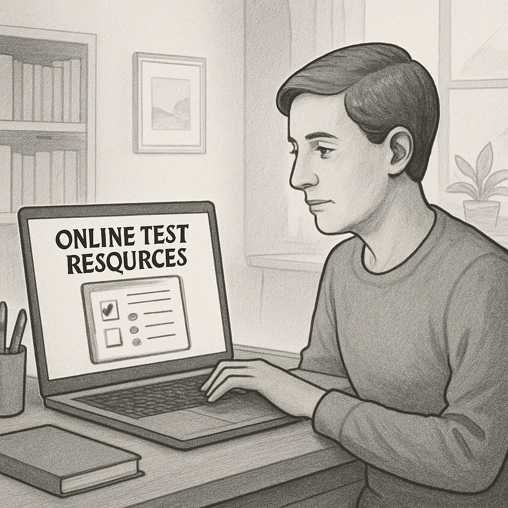 A parent reviewing online test resources for their child on a laptop. Parent exploring test resources for K12 students.
