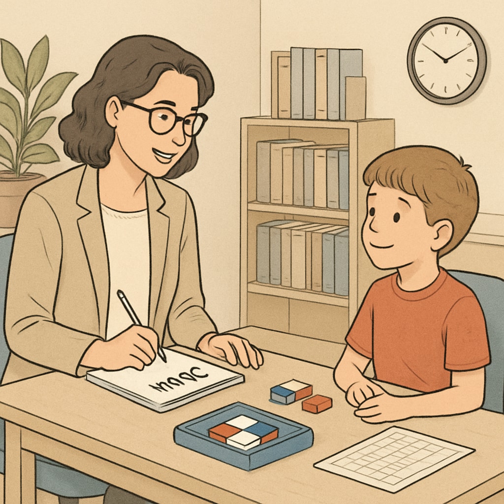 A psychologist administering the WISC test to a child in a clinical setting, emphasizing one-on-one evaluation. Psychologist conducting WISC test for a child's cognitive assessment