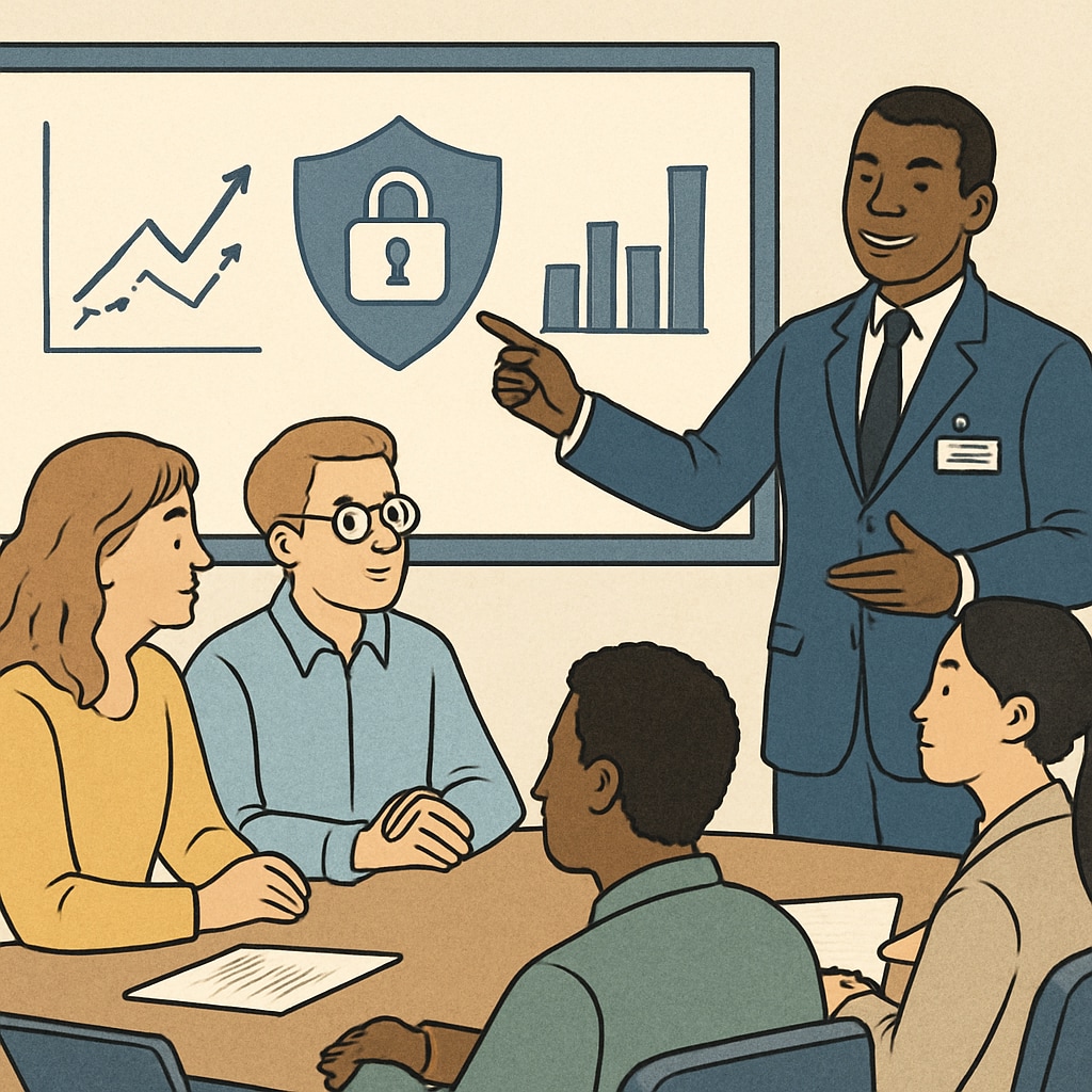 A cybersecurity professional presenting findings to a team, emphasizing the value of communication and teamwork. Communication and teamwork in the cybersecurity industry.