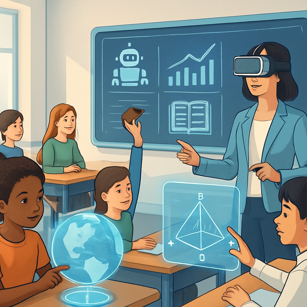 A futuristic classroom featuring AI-driven smartboards, diverse students using holographic displays, and teachers integrating virtual reality tools. A futuristic classroom with AI-driven tools and diverse students, symbolizing the future of education.