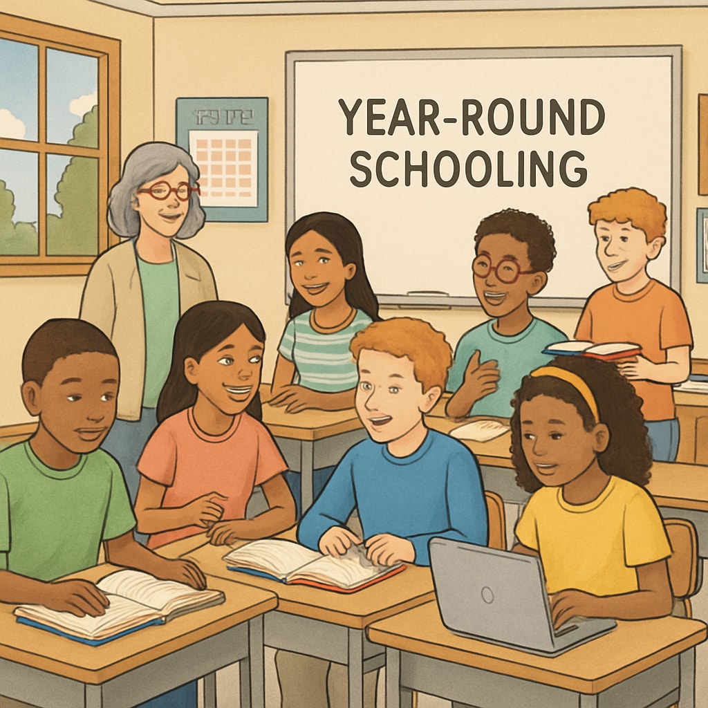 A diverse classroom with students engaged in active learning, representing year-round schooling. Students in a year-round school classroom participating actively in a lesson.