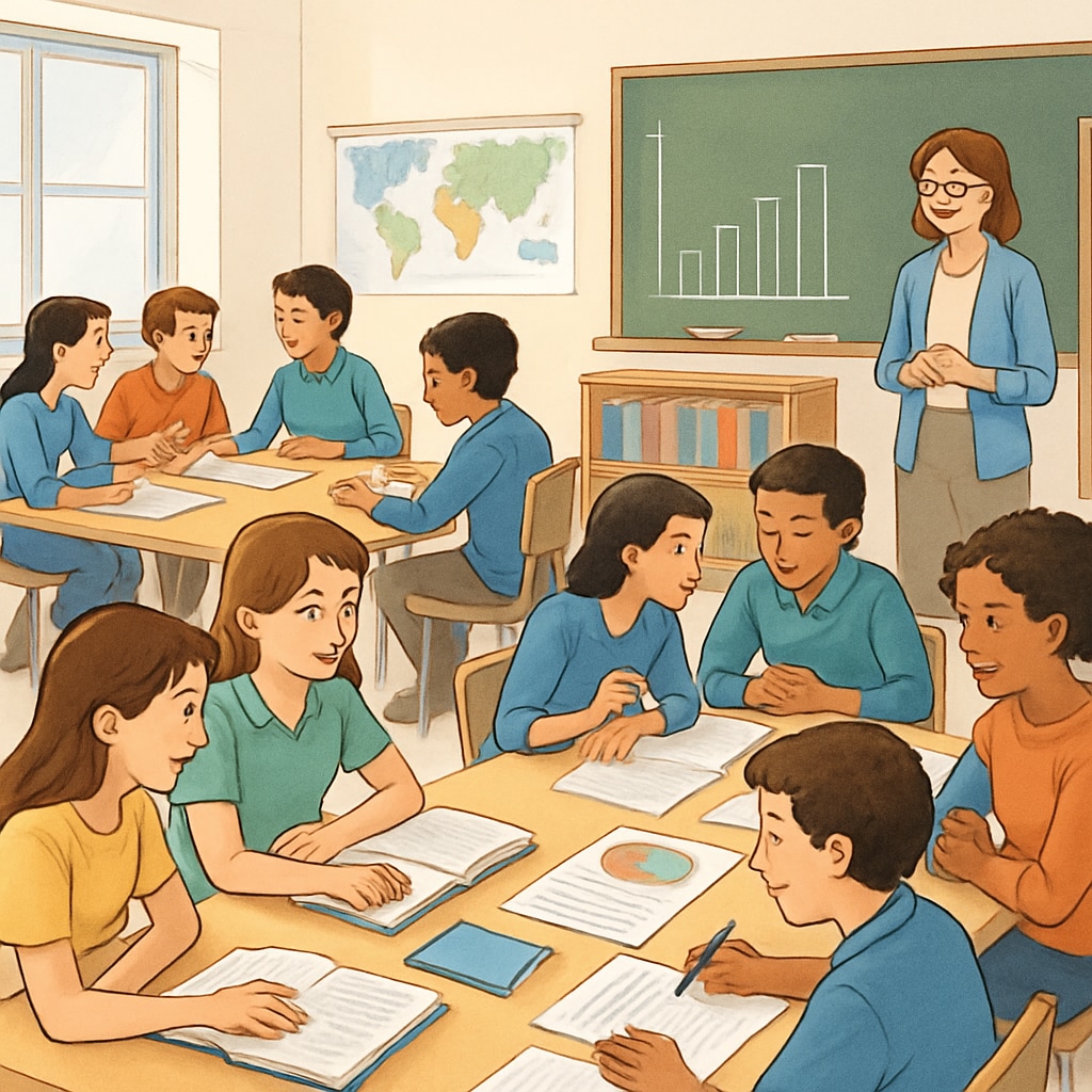 A classroom setting where students are engaged in project-based learning, discussing and collaborating in groups. Students collaborating in a project-based learning classroom, highlighting alternative assessment.
