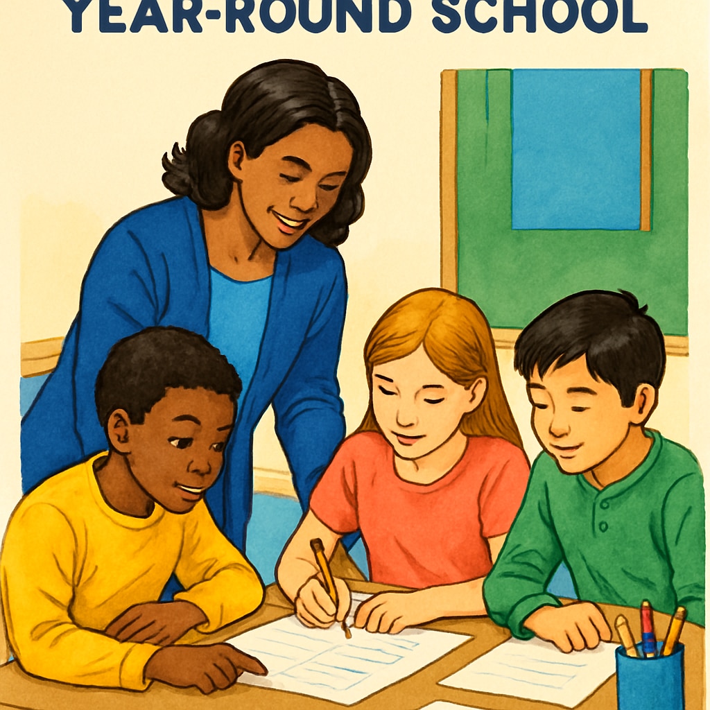 A teacher assisting students during a collaborative activity in a year-round school setting. Teacher helping students in a collaborative group activity in a year-round school.