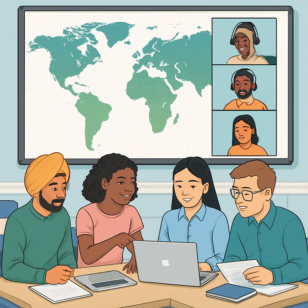 A virtual classroom with students from different cultural backgrounds collaborating on a global project, with a digital world map displayed. Diverse students in a virtual classroom collaborating globally, representing globalization in education.