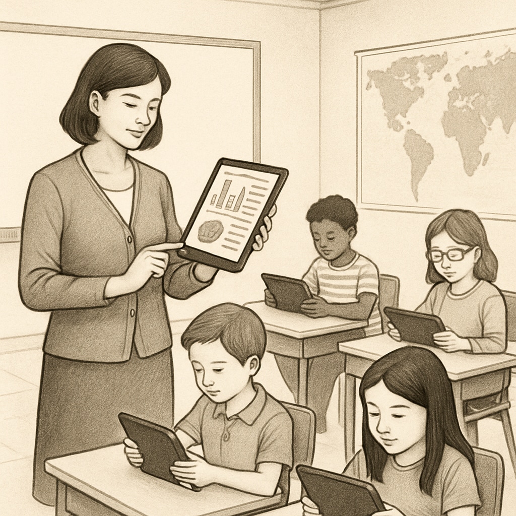 A teacher reviewing data on a digital device while students work independently with tablets, symbolizing real-time learning tracking. Real-time learning tracking with a teacher using digital tools to monitor student progress.