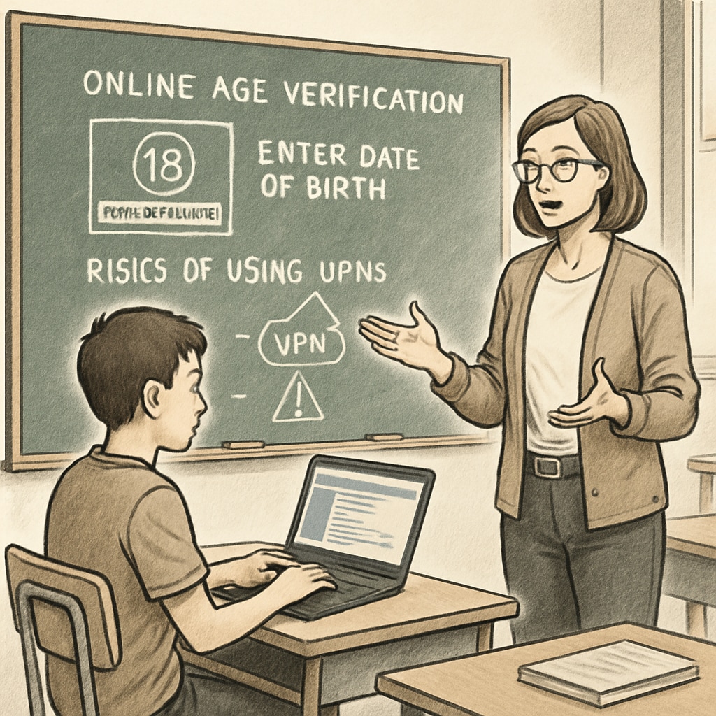 A student in a classroom using a laptop with a teacher explaining online age verification and VPN risks. Teacher explaining age verification, VPN, and UK regulations to students in a classroom setting.