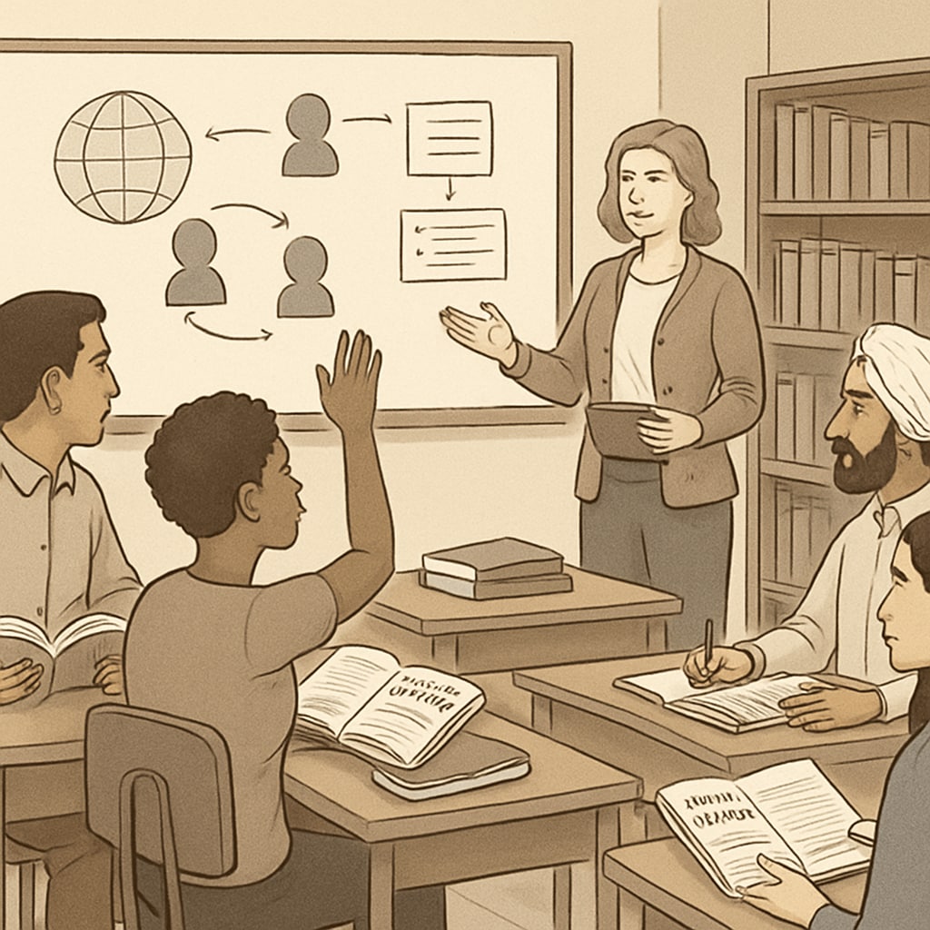 A classroom setting with international adult students engaging in a cultural orientation session, featuring books on Western philosophy and history. Classroom cultural orientation session for adult international students.