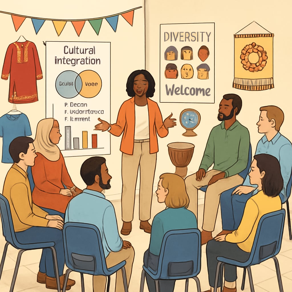A community workshop where adult learners are discussing cultural integration topics, surrounded by visual aids and cultural artifacts. Community cultural workshop for adult learners discussing integration strategies.