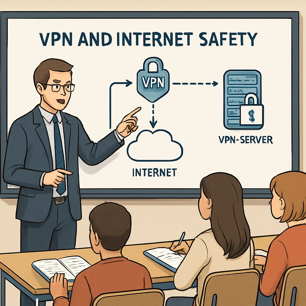 A teacher pointing at a smartboard showing a diagram of VPNs and internet safety concepts, with students taking notes. Diagram explaining VPNs and internet safety, relevant to age verification and UK laws.