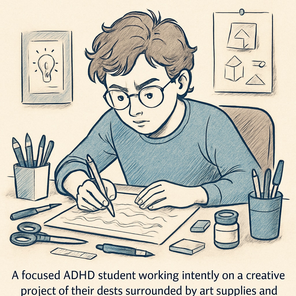 An ADHD student focusing intently on a creative project, highlighting their problem-solving and creativity skills. ADHD student working on a creative project, demonstrating their focus and creativity.
