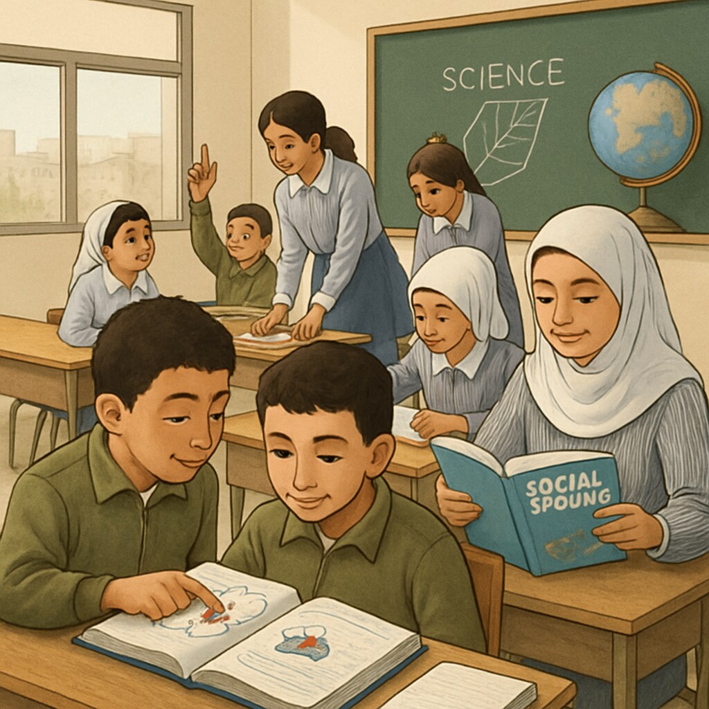 A classroom in Gaza with students learning together, illustrating the need for updated curricula in science and social studies. Gaza classroom with students learning under challenging conditions, emphasizing curriculum development.