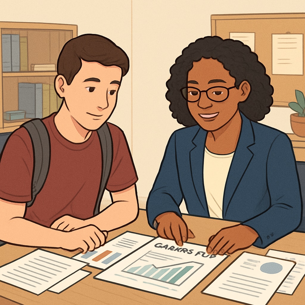 A high school student sitting with a counselor, reviewing an academic plan together, with charts and papers on the table. A student planning to catch up on high school credits with a school counselor.