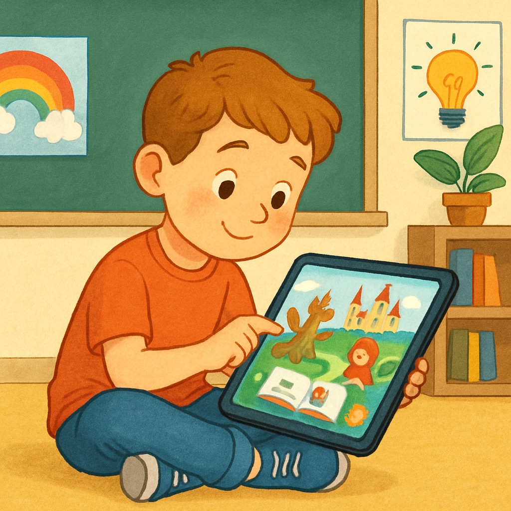 A colorful illustration of a child using a tablet to read an interactive storybook. Child reading a story on a tablet, showcasing the children's reading app.
