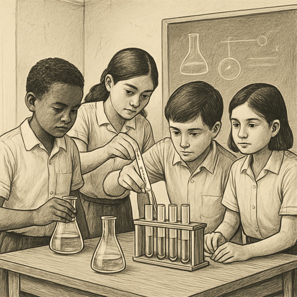 Students conducting a science experiment in a resource-limited classroom, demonstrating hands-on learning opportunities. Gaza students engaging in a science experiment to highlight opportunities for practical education.