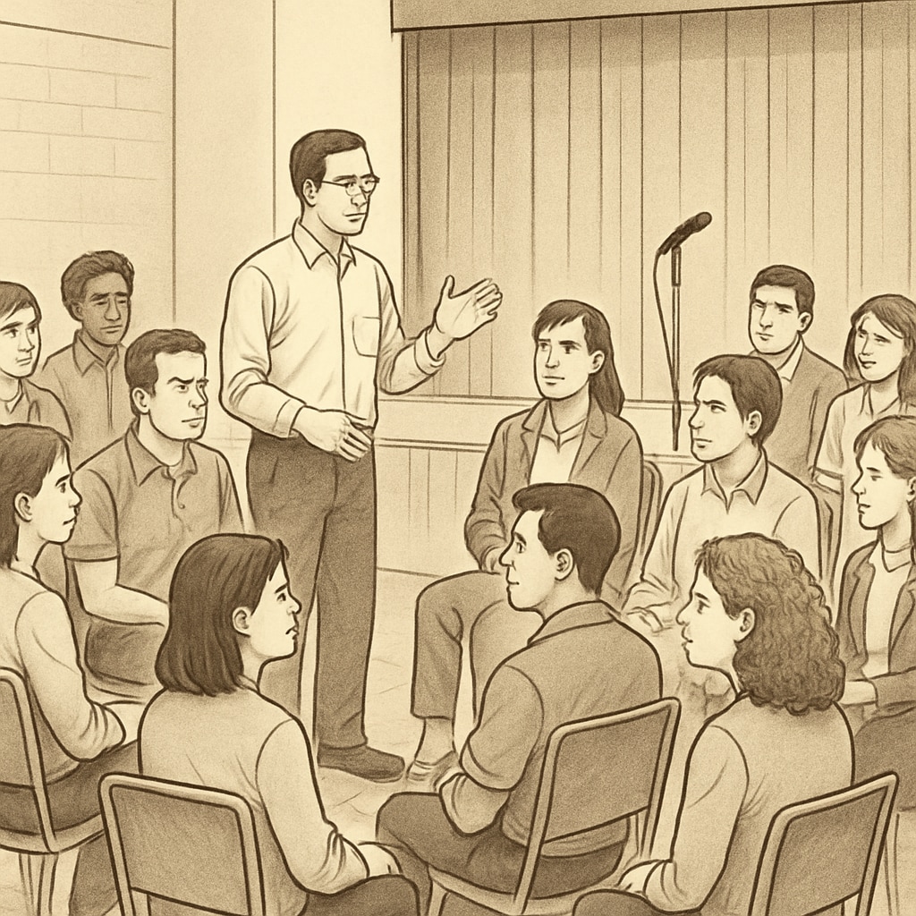 A concerned parent group meeting to discuss school safety. The image shows parents gathered in a school auditorium, expressing their concerns during a discussion session. Parents discussing school board safety and child abuse concerns.