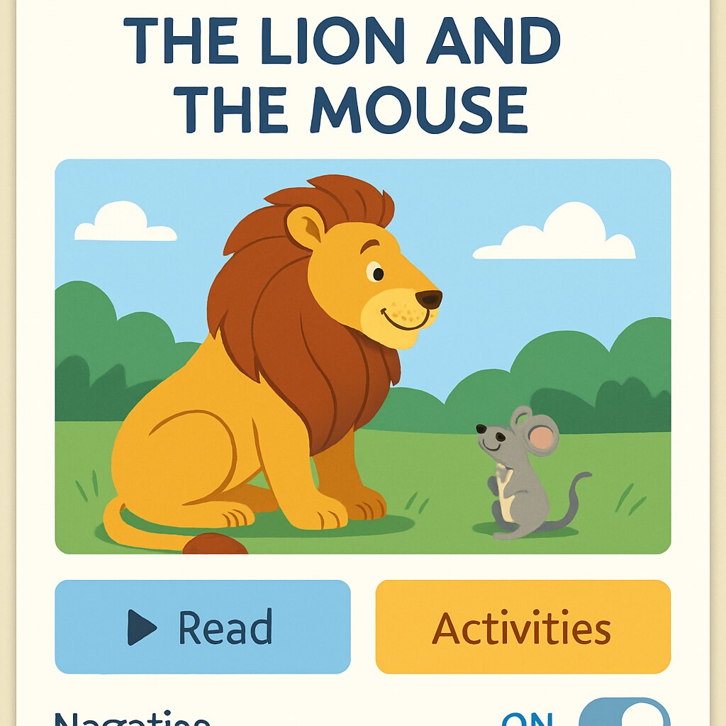 A screenshot of the app showing a colorful, interactive story interface with options for narration and activities. Screenshot of an interactive storybook app interface for kids.
