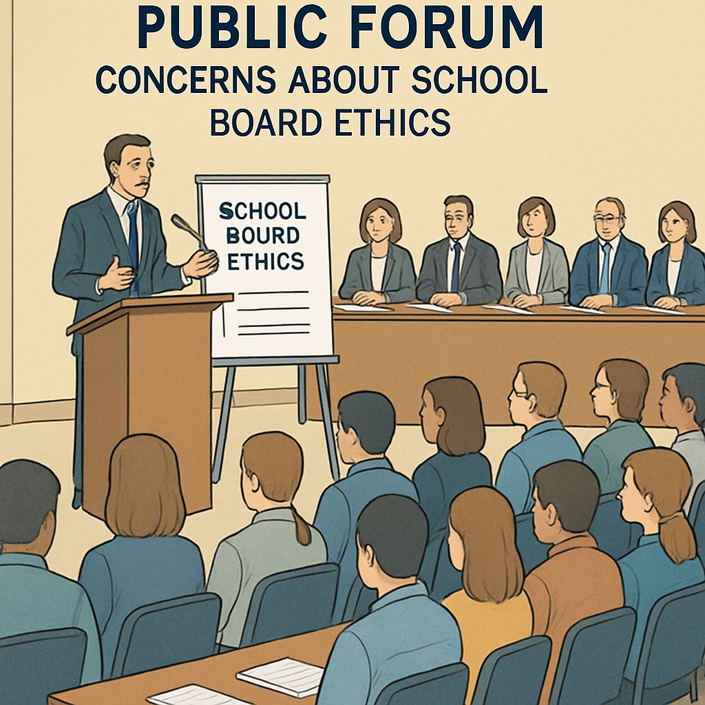 A public forum addressing concerns about school board ethics. The image captures a community meeting with a speaker addressing the audience about school governance issues. Community forum discussing school board ethics and child safety.