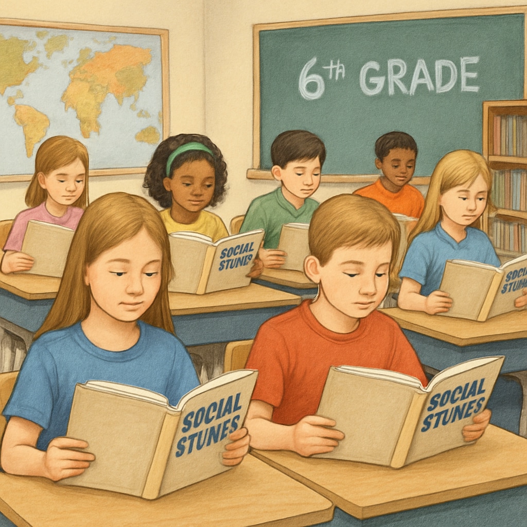 Students in a classroom reading social studies textbooks, highlighting education content.