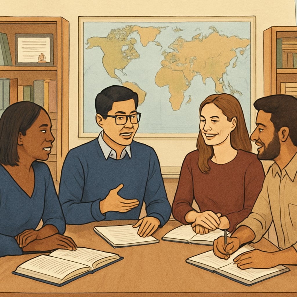 A classroom setting with international students discussing education-related topics, symbolizing global perspectives acquired through a U.S. Master's program. K12 educators pursuing a Master's degree in the U.S. with diverse peers.