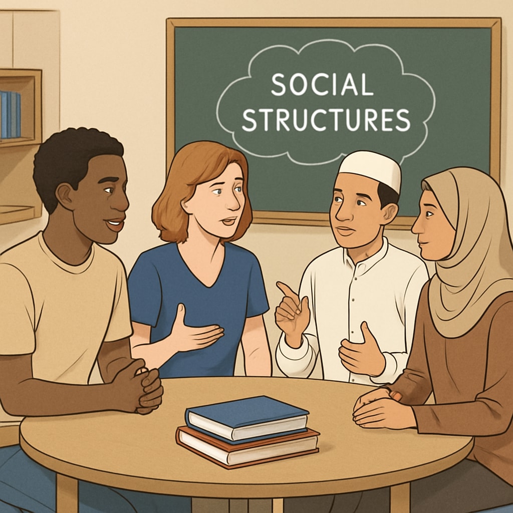 Students discussing societal structures, promoting inclusive education content.