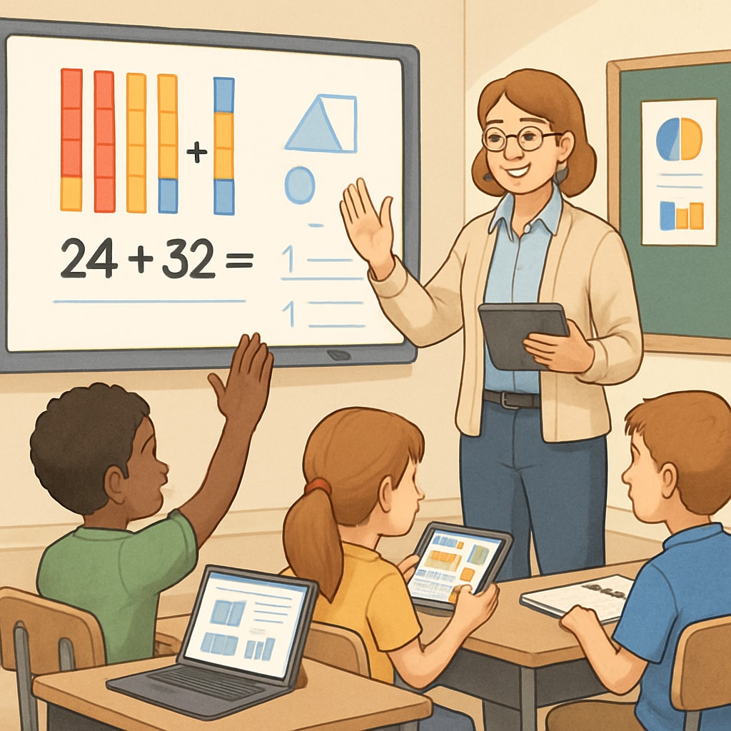 A K12 teacher presenting a lesson using modern tools, highlighting the impact of advanced education methodologies learned in U.S. Master's programs. U.S. Master's degree in education empowering K12 educators with modern teaching techniques.
