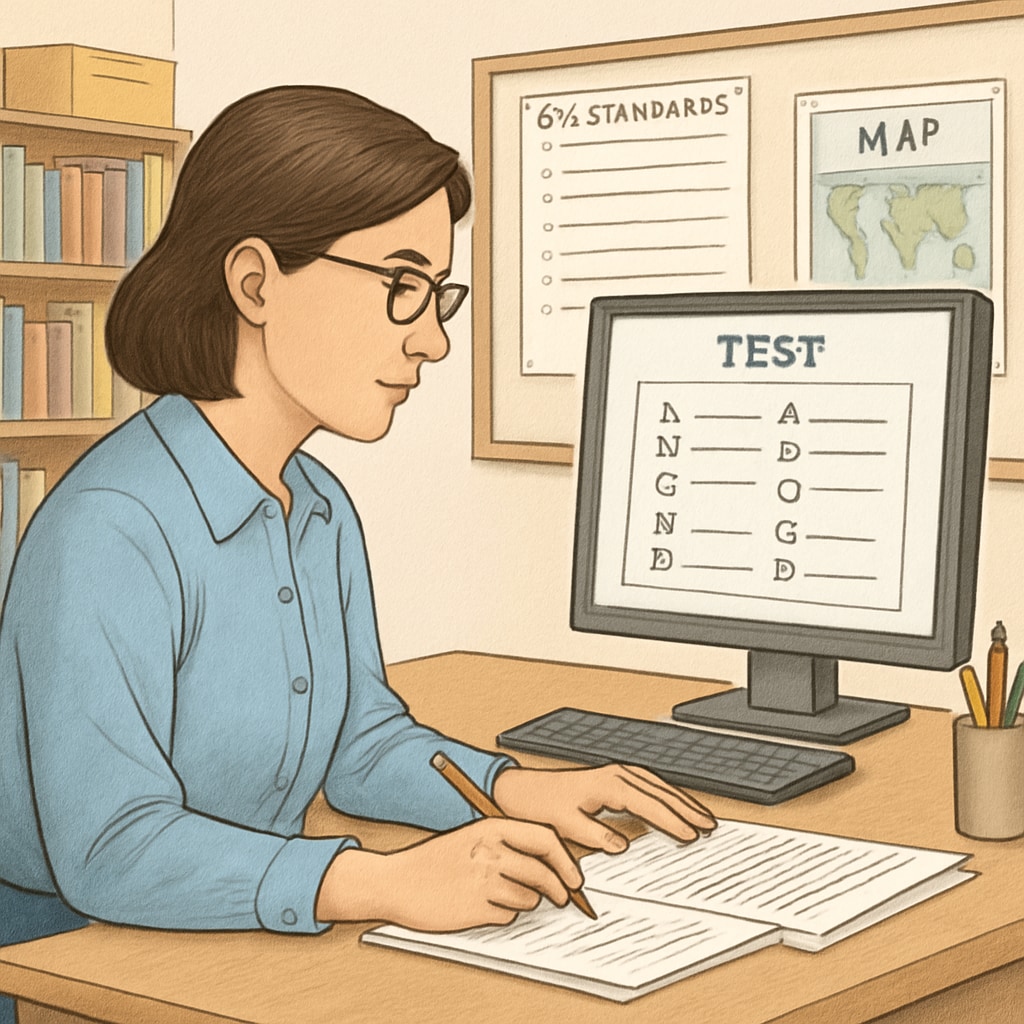 A teacher analyzing test resources on a computer screen to improve K12 learning outcomes.