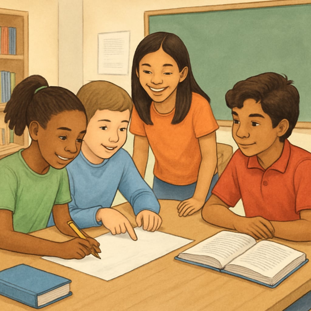 A group of diverse students engaging in a collaborative learning activity during a year-round school session. Students participating in a collaborative activity in a year-round school session.