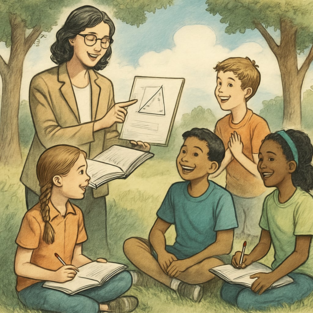 A teacher and students enjoying an outdoor activity, reflecting the balance between academic learning and leisure time in year-round schooling. Teacher and students outdoors, illustrating balance in year-round schooling.