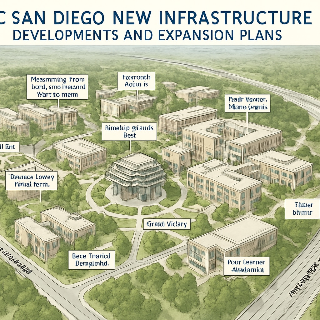Aerial view of UC San Diego campus highlighting new infrastructure developments associated with the expansion plan. UC San Diego campus expansion showcasing updated infrastructure for increased enrollment.