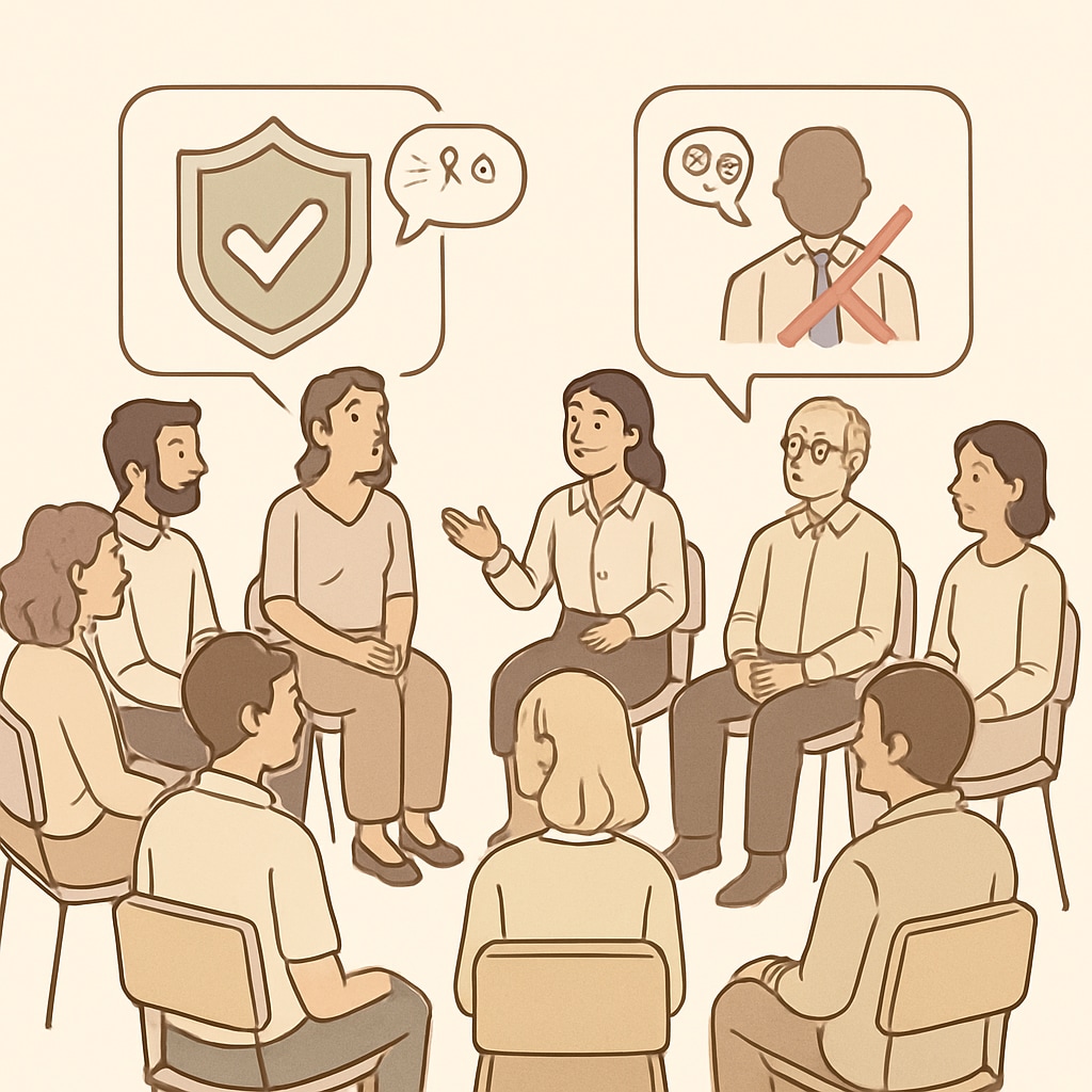 A community meeting where parents discuss the importance of school safety and address concerns about a board member with a history of child abuse. The image shows individuals seated in a circle, actively participating in dialogue. Community discussing school safety and board member removal