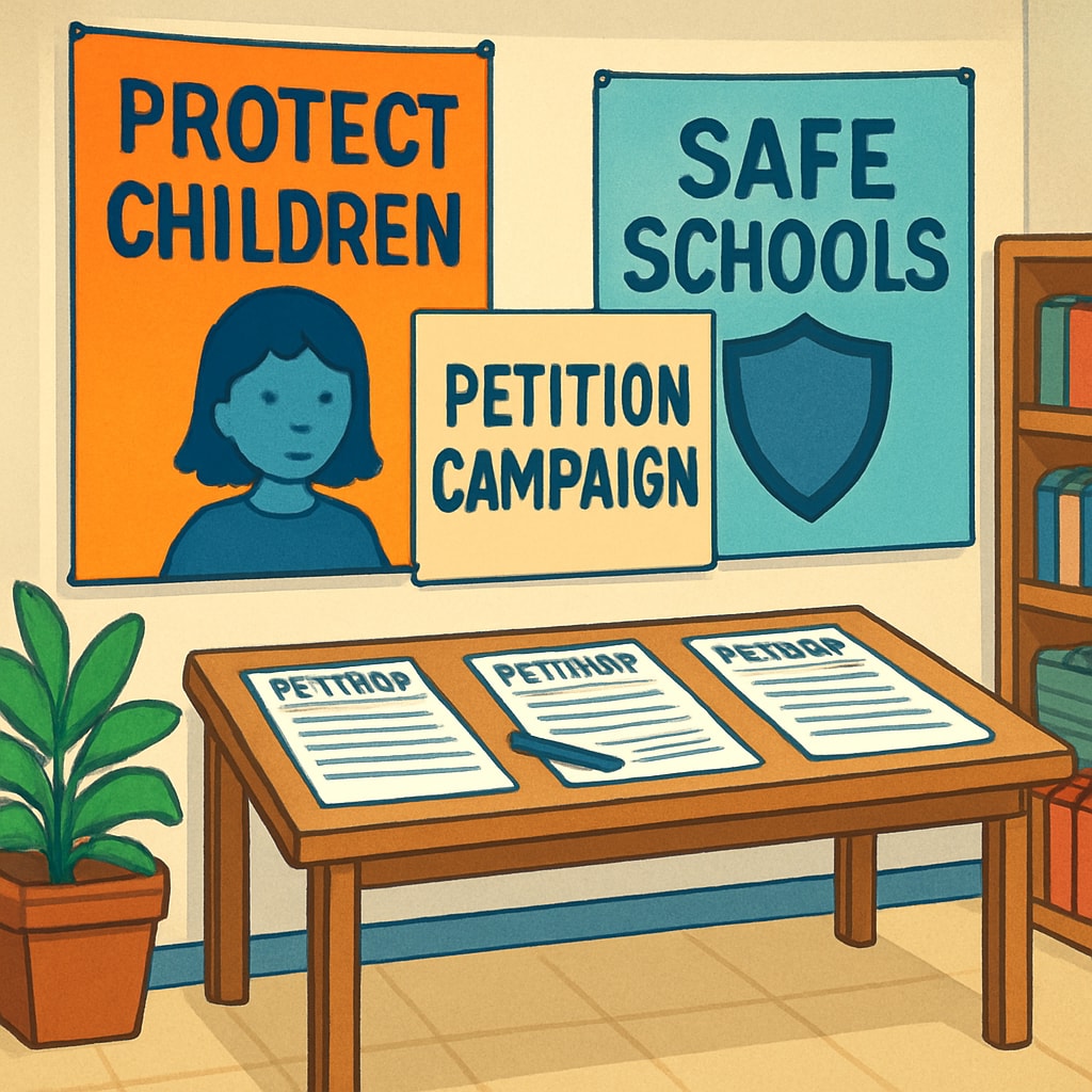 A petition campaign in a local community center, featuring a table with signatures being collected and banners emphasizing child protection and school safety. Petition campaign for school safety