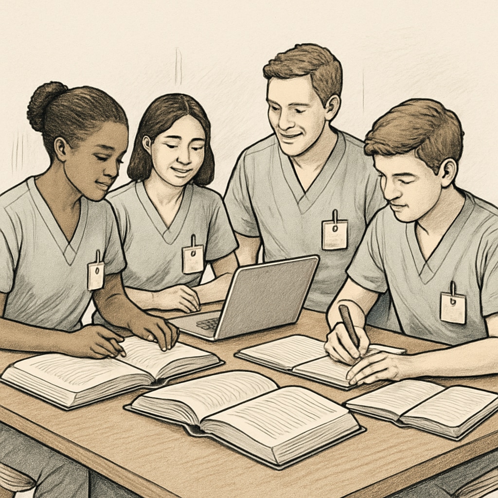 A group of nursing students studying together with textbooks and laptops, symbolizing collaborative learning. Nursing students collaborating in a study group with textbooks and laptops.