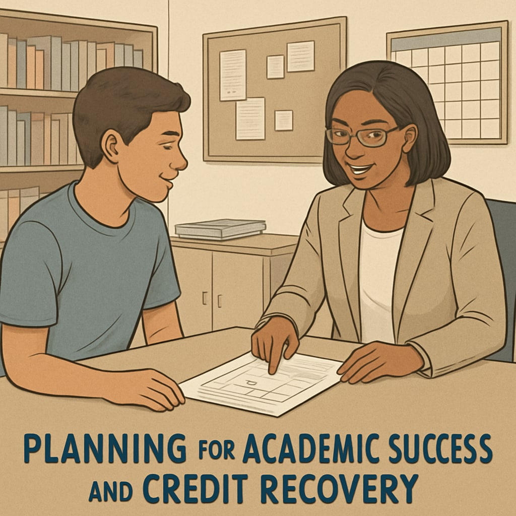 A student meeting with a high school counselor to review their academic progress, highlighting the importance of planning for credit recovery. High school student reviewing academic progress with counselor for credit recovery.