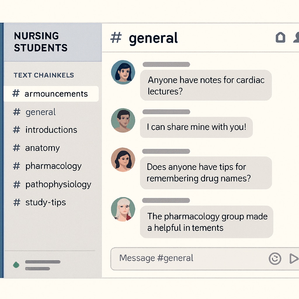 A screenshot of a well-organized Discord server for nursing students, showing topic-specific channels and active discussions. Discord server for nursing students with topic channels and active discussions.