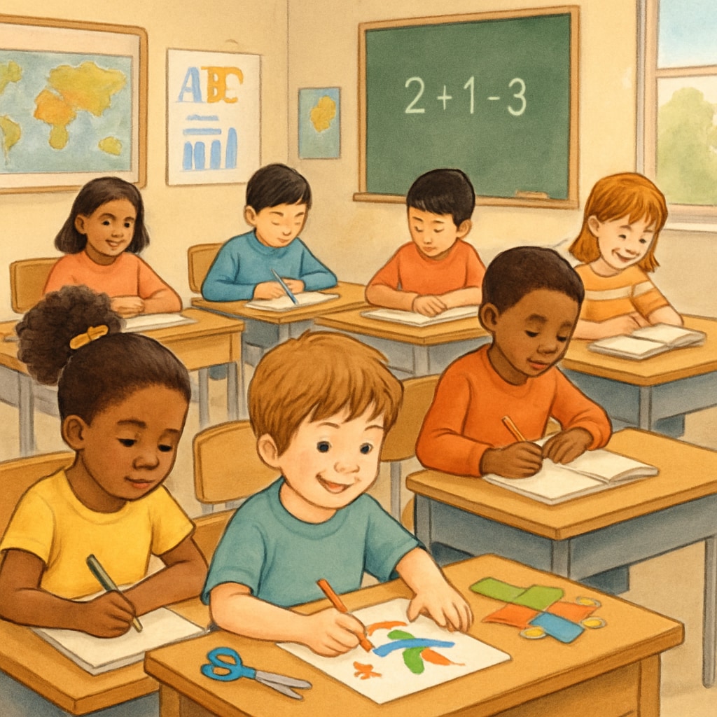A classroom setting with diverse students, including one child appearing distracted but engaged in creative work. ADHD student in a classroom setting working creatively.