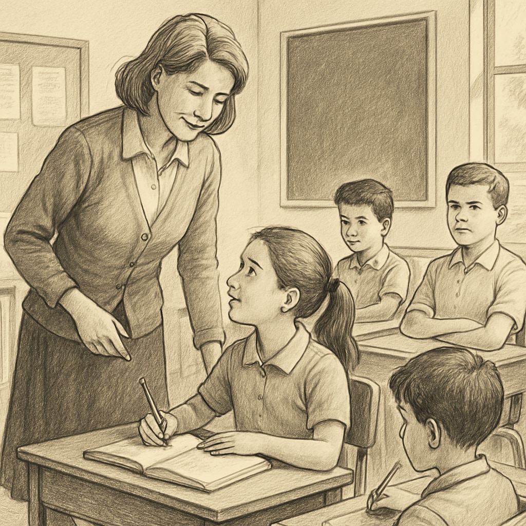 A classroom setting showing a teacher guiding students with care while maintaining discipline. Teacher guiding students with care and discipline in a classroom.
